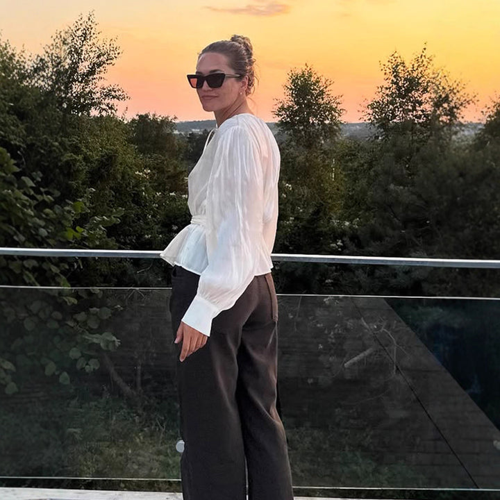 Damen Elegante Wickelbluse mit Bindegürtel und voluminösen Ballonärmeln Drune