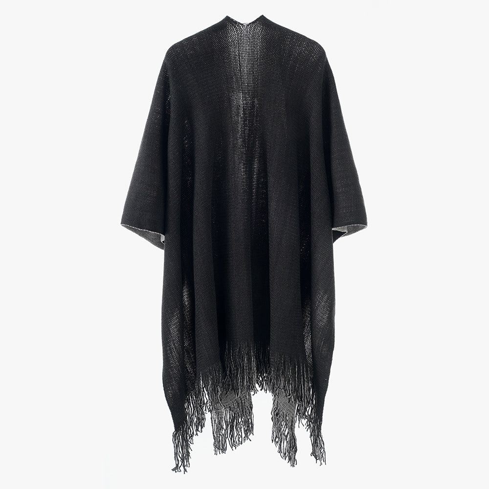 Damen Leichter Oversize-Stricküberwurf im Cape-Stil mit Fransensaum Drune