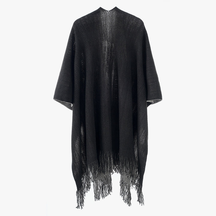 Damen Leichter Oversize-Stricküberwurf im Cape-Stil mit Fransensaum Drune