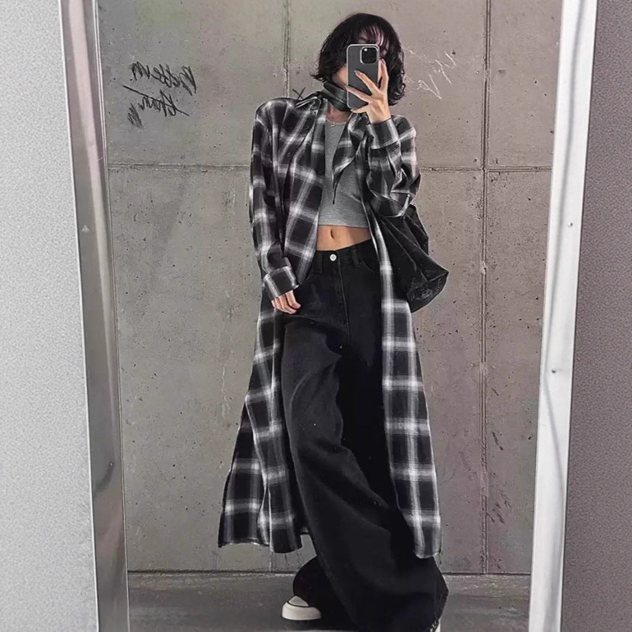Damen Langes Karo-Hemd im Oversize‑Cut mit Taillen-Knotendetail und Seitenschlitzen Drune