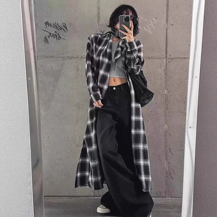 Damen Langes Karo-Hemd im Oversize‑Cut mit Taillen-Knotendetail und Seitenschlitzen Drune
