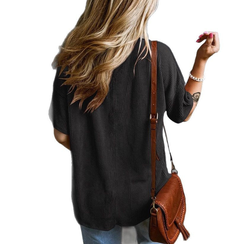 Damen lässiges Kurzarmshirt mit V-Ausschnitt und Brusttasche Drune