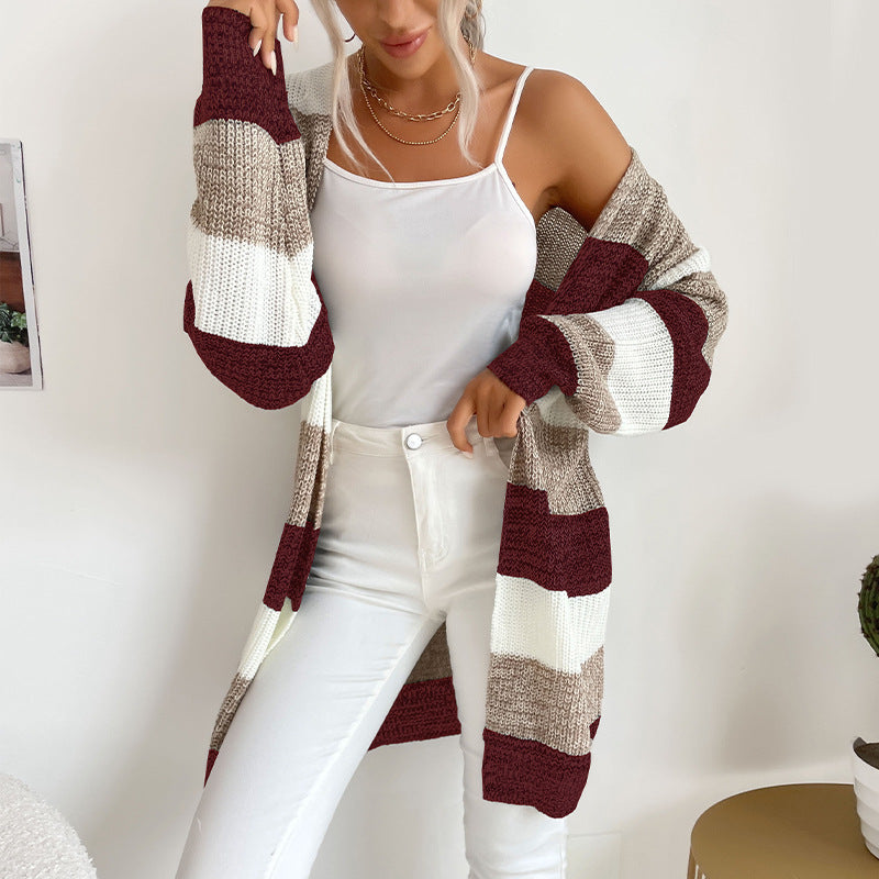 Damen Longline Strickcardigan mit breiten Blockstreifen, offener Front und überschnittener Schulter Drune