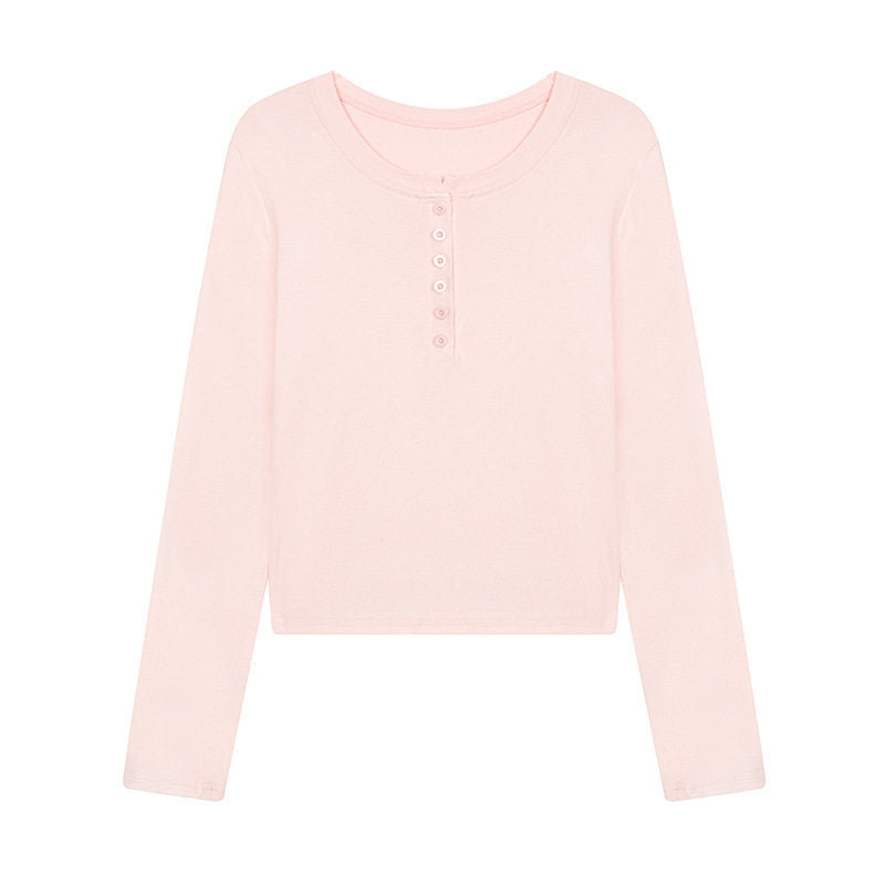 Damen Kurz geschnittenes Henley Langarmshirt aus Baumwolljersey mit Knopfleiste Drune