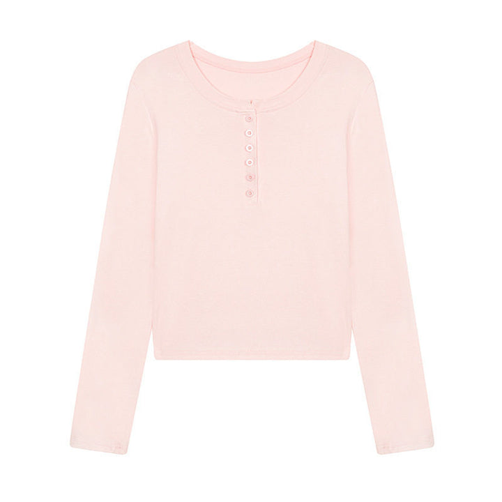Damen Kurz geschnittenes Henley Langarmshirt aus Baumwolljersey mit Knopfleiste Drune