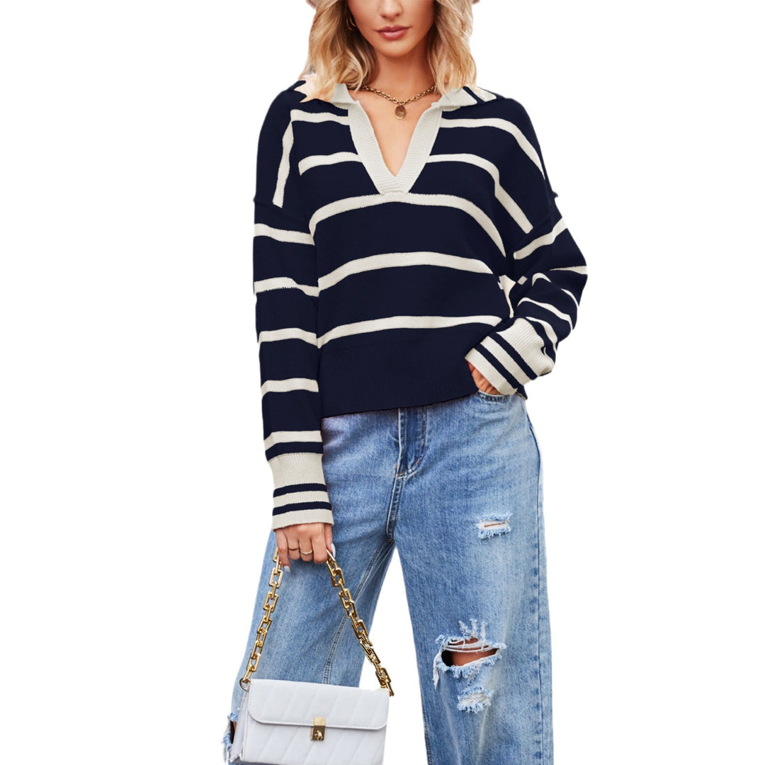 Damen lässiger Pullover mit V-Ausschnitt und gestreiftem Design Drune