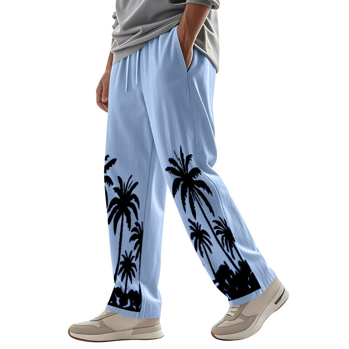 Herren nan weite Freizeit-Hose aus Baumwoll-Leinen-Mix mit Palmenprint, Elastikbund und Kordelzug Drune