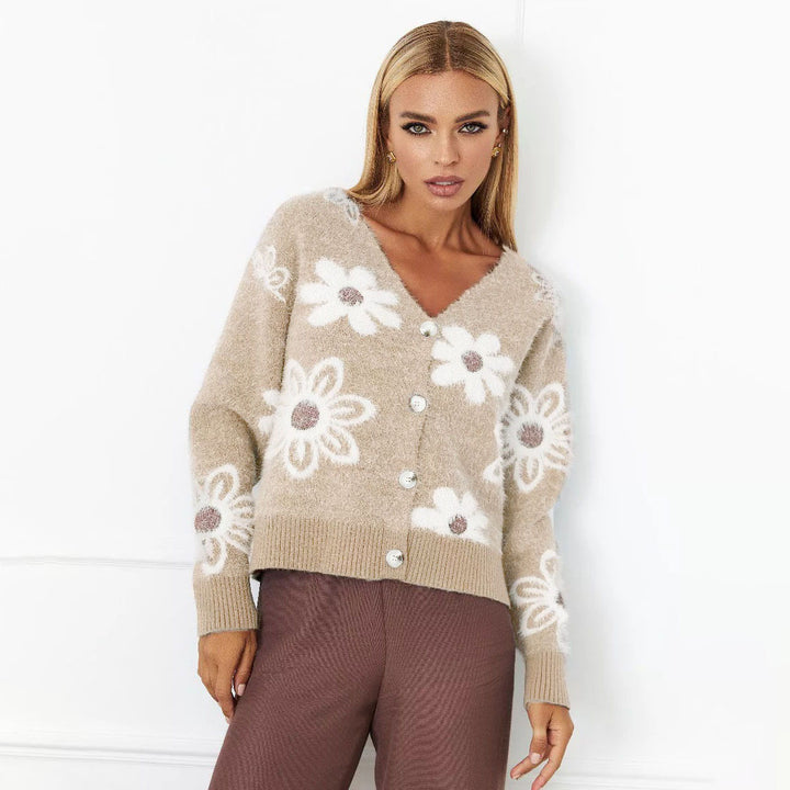 Damen kuschelige Strickjacke mit floralen Applikationen und Knöpfen Drune