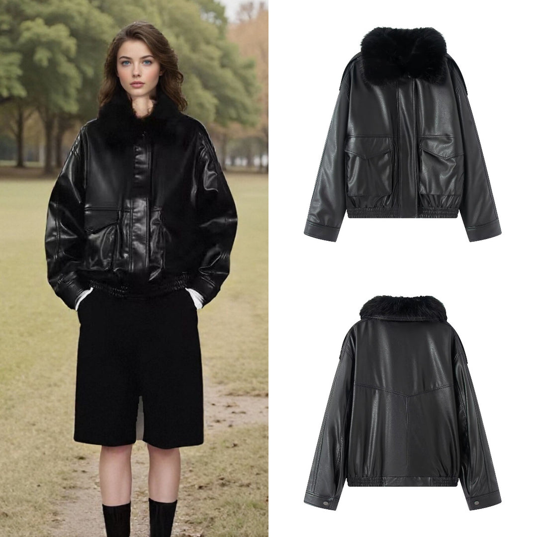 Damen Oversized Kunstleder-Bomberjacke mit kuscheligem Faux‑Fur‑Kragen und aufgesetzten Klappentaschen Drune
