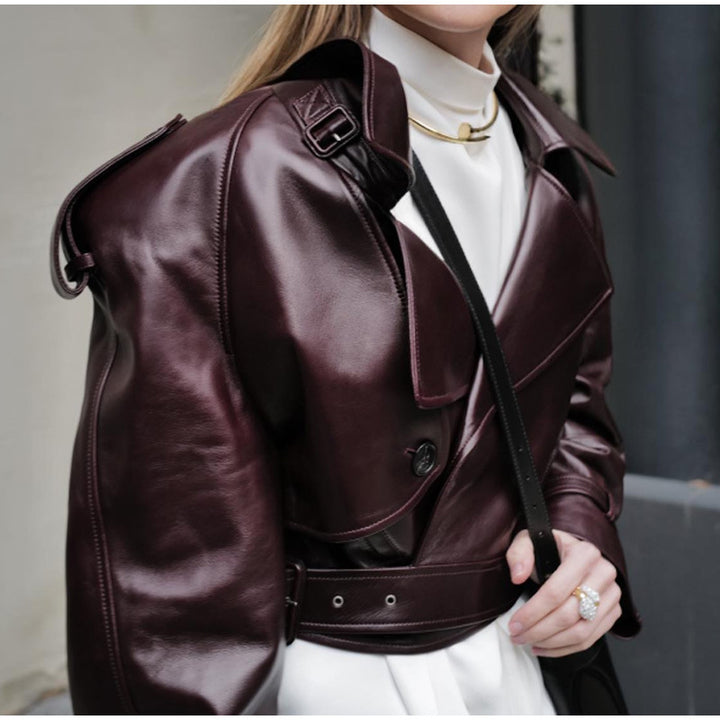 Damen Trendige Kunstlederjacke mit breiten Schultern und klassischem Kragen Drune