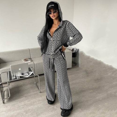 Damen modisches Strick-Loungewear-Set mit grafischem Muster Drune