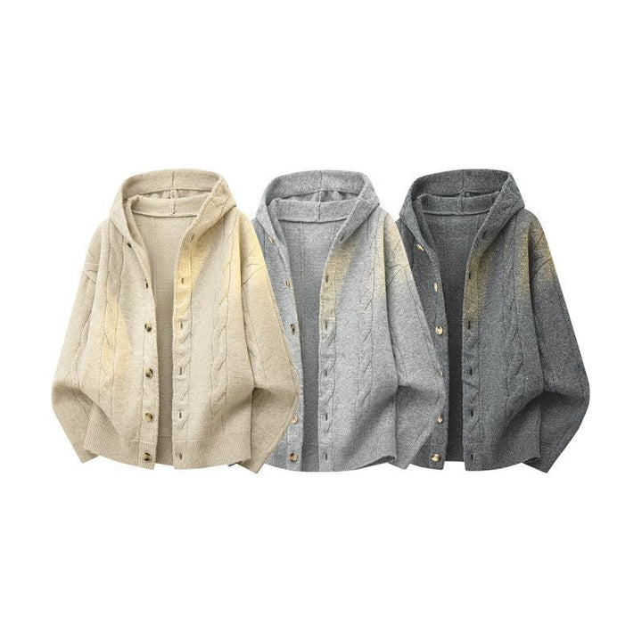 Damen Oversize-Kapuzen-Strickjacke mit Zopfmuster & Knopfleiste Drune