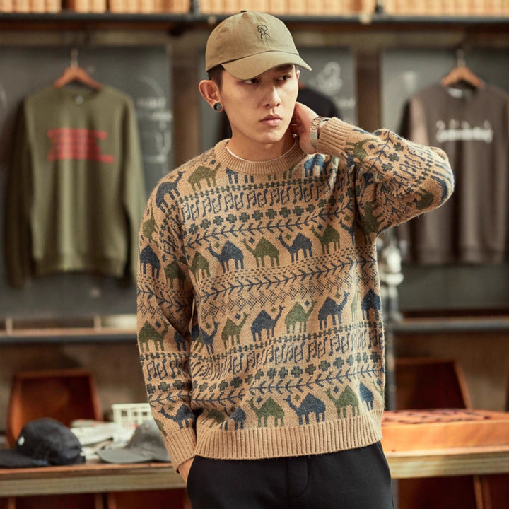 Herren Strickpullover mit Kamel-Jacquardmuster und geripptem Saum Drune