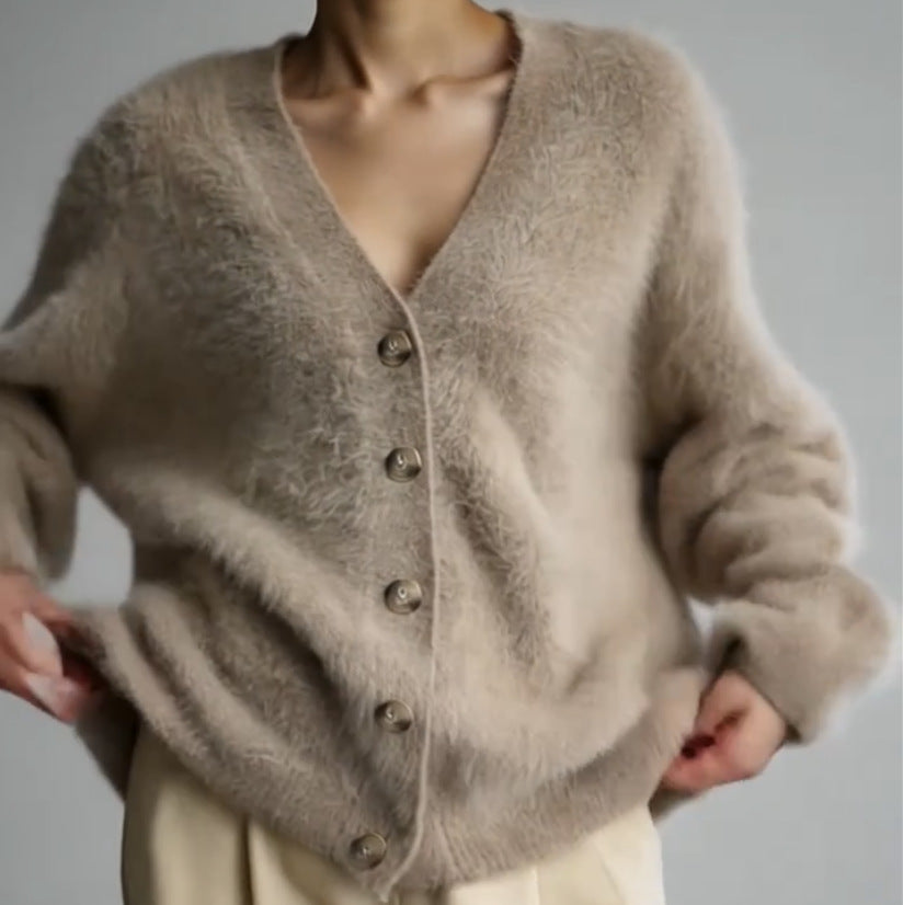 Damen Flauschiger Eyelash-Mix Oversize-Cardigan mit V-Ausschnitt und dekorativen Holzknöpfen Drune