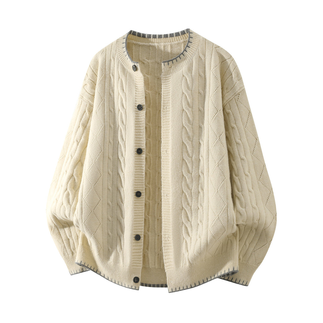 Damen Oversize Zopfmuster-Cardigan mit Rundhalsausschnitt, Ballonärmeln & Kontrastnaht Drune