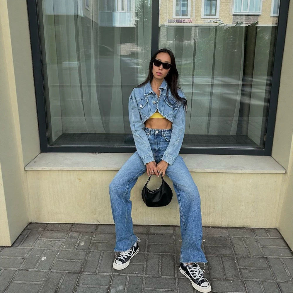 Damen Cropped-Jeansjacke mit geschwungenem Saum und Pattentaschen Drune