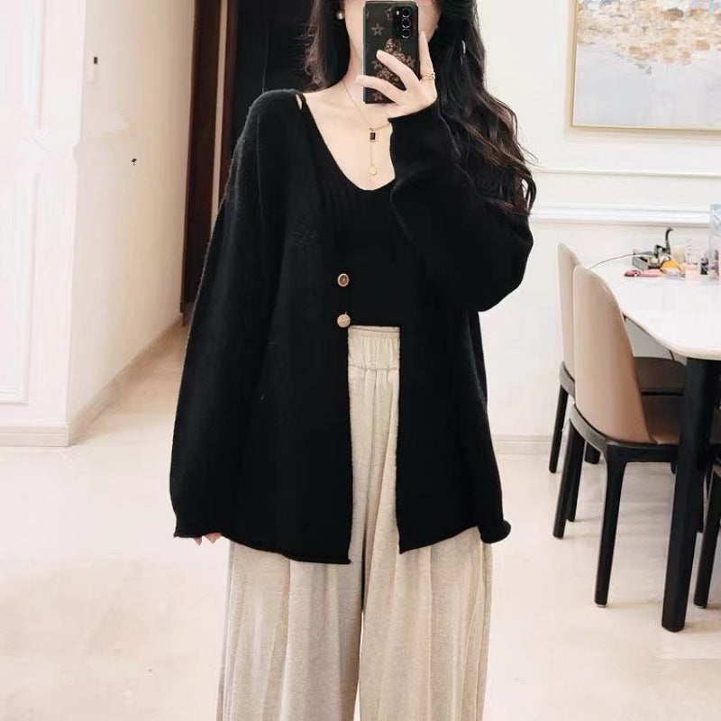 Damen lässiger Strickcardigan mit feiner Struktur und großen Knöpfen Drune