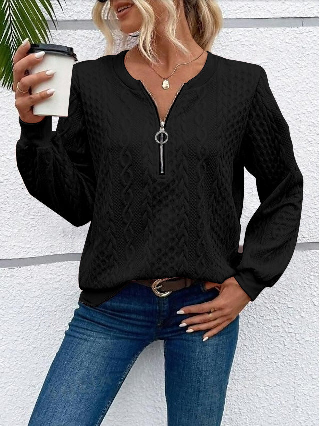 Damen grob strukturiertes Strickpullover mit Kabelmuster, halber Reißverschluss und Ballonärmel Drune