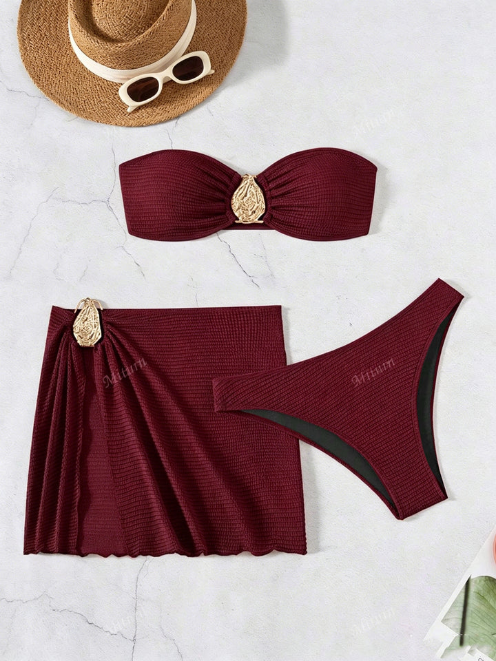 Damen Bandeau-Bikini-Set mit dekorativem Wickelrock Drune