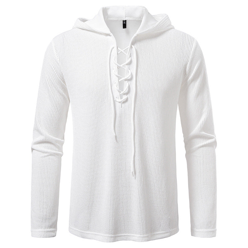 Herren Waffelstrick-Kapuzenpullover mit Schnürkragen und geradem Saum Drune