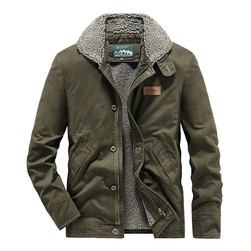 Herren kernige Canvas‑Workerjacke mit voluminösem Sherpa‑Innenfutter und hochschließendem Kragen Drune