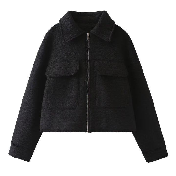 Damen Cropped-Hemdjacke aus Bouclé mit Boxy-Schnitt und Fronttaschen Drune