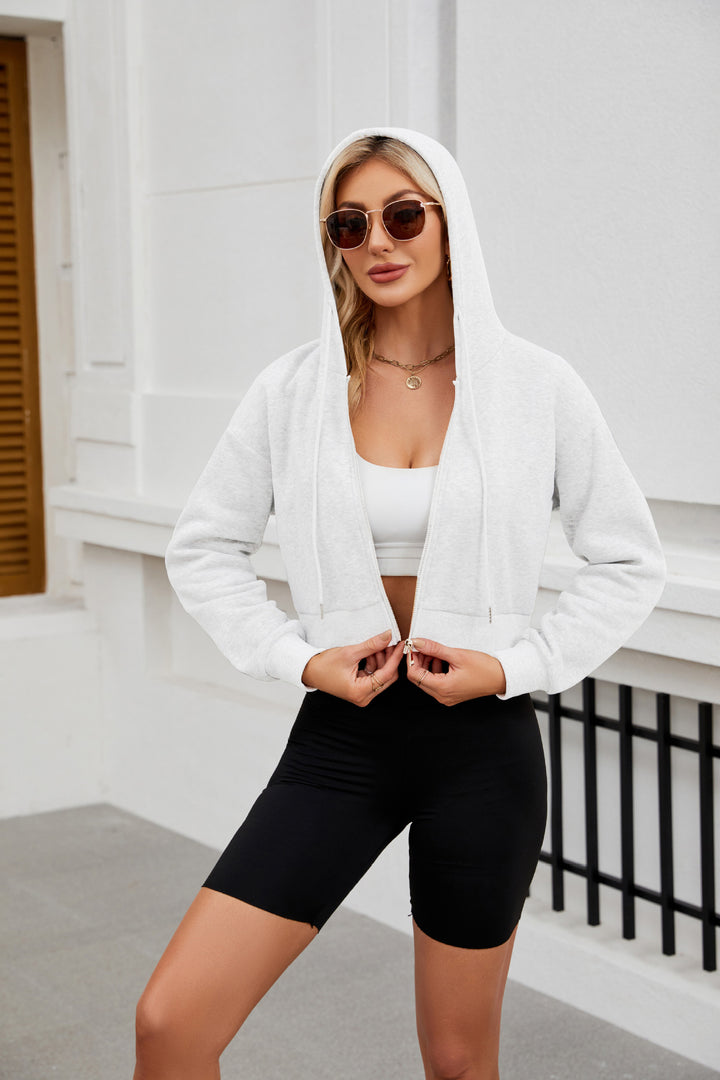 Damen Kurze Zip‑Hoodie Jacke mit Kapuze, Gummibund und Rippbündchen Drune