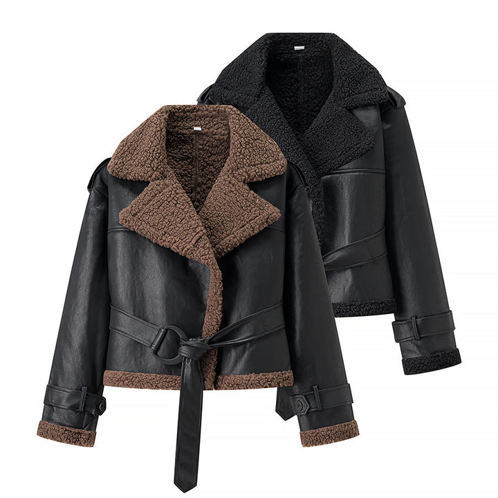 Damen Kunstlederjacke mit kuscheligem Teddyfutter und Bindegürtel Drune
