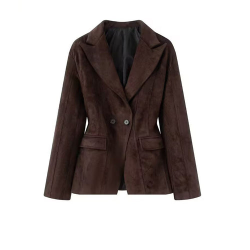 Damen Taillierter Veloursleder-Blazer mit Reverskragen und Pattentaschen Drune