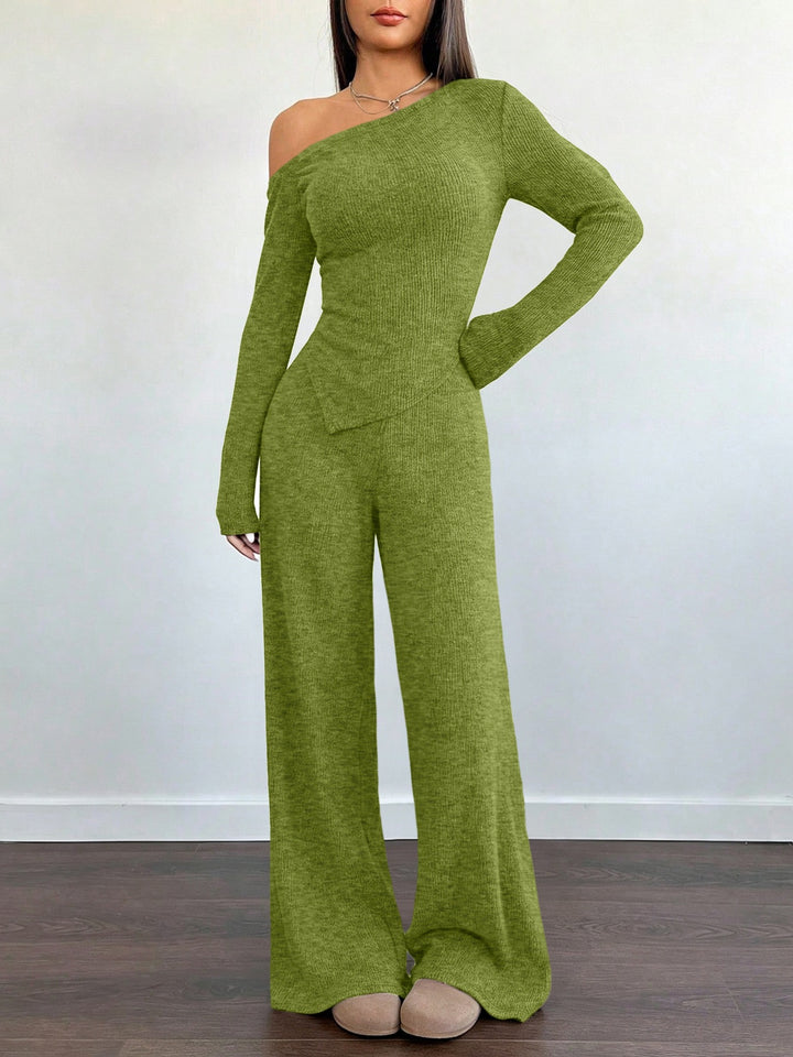 Damen Asymmetrisches Strick-Lounge-Set mit One-Shoulder-Oberteil und weitem Bein Drune
