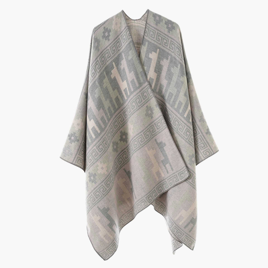 Damen Cape-Überwurf aus Jacquard-Strick mit Tier- und Ethno-Motiv Drune