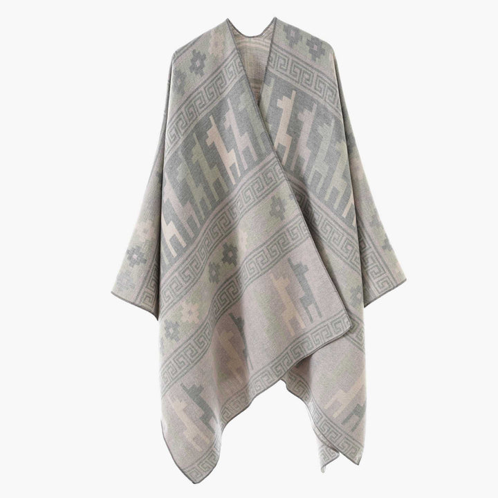 Damen Cape-Überwurf aus Jacquard-Strick mit Tier- und Ethno-Motiv Drune