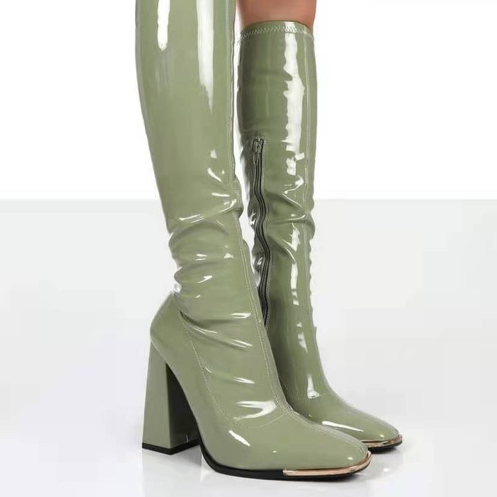 Damen Kniehohe Lackstiefel mit Blockabsatz, quadratischer Spitze und Metallkappenschutz Drune
