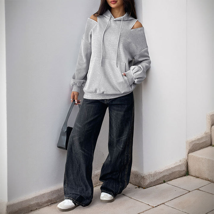 Damen Lässiger Kapuzenpullover mit Schulteröffnungen, Kängurutasche und gerippten Bündchen Drune