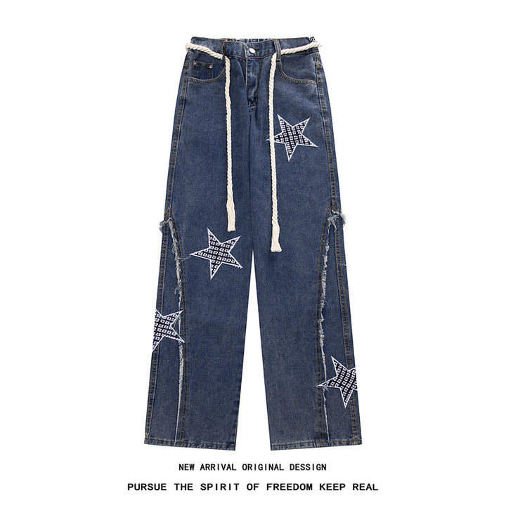 Damen Weite High‑Waist Denimhose mit Stern‑Applikationen, Fransen‑Seitenschlitzen und Kordelbund Drune