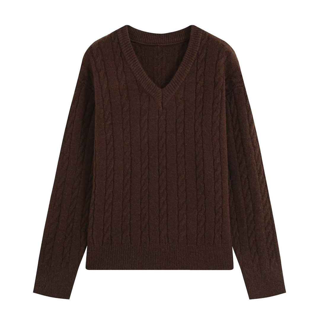 Damen Oversize Zopfmuster-Pullover mit V-Ausschnitt und breitem Rippbündchen Drune