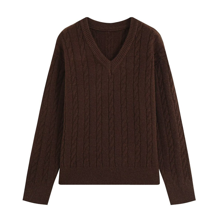 Damen Oversize Zopfmuster-Pullover mit V-Ausschnitt und breitem Rippbündchen Drune