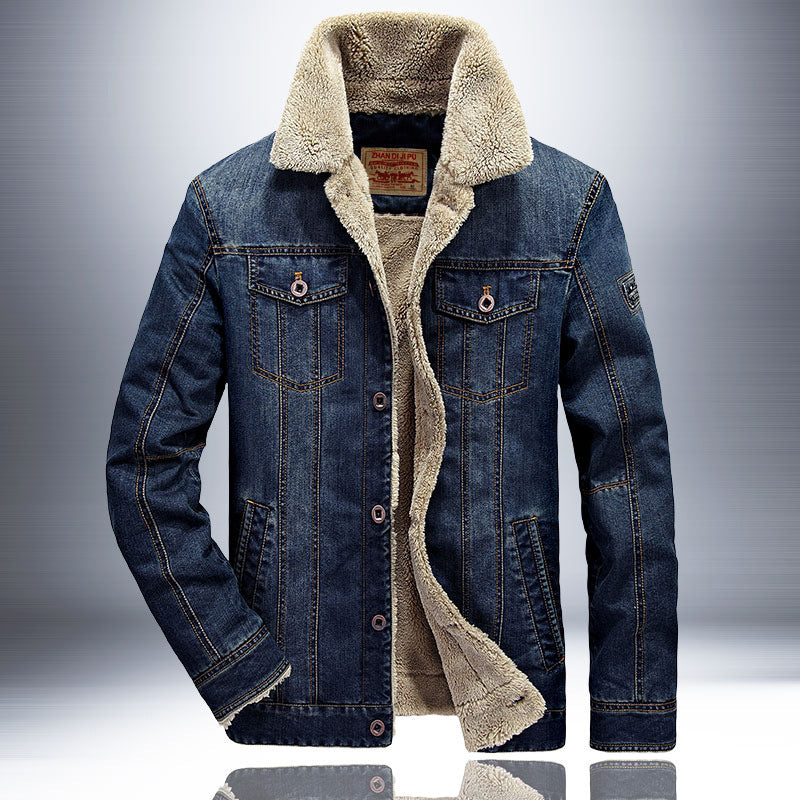Herren Thermo-Denimjacke im Truckerstil mit vollem Teddyfleece-Innenfutter und hohem Umlegekragen Drune