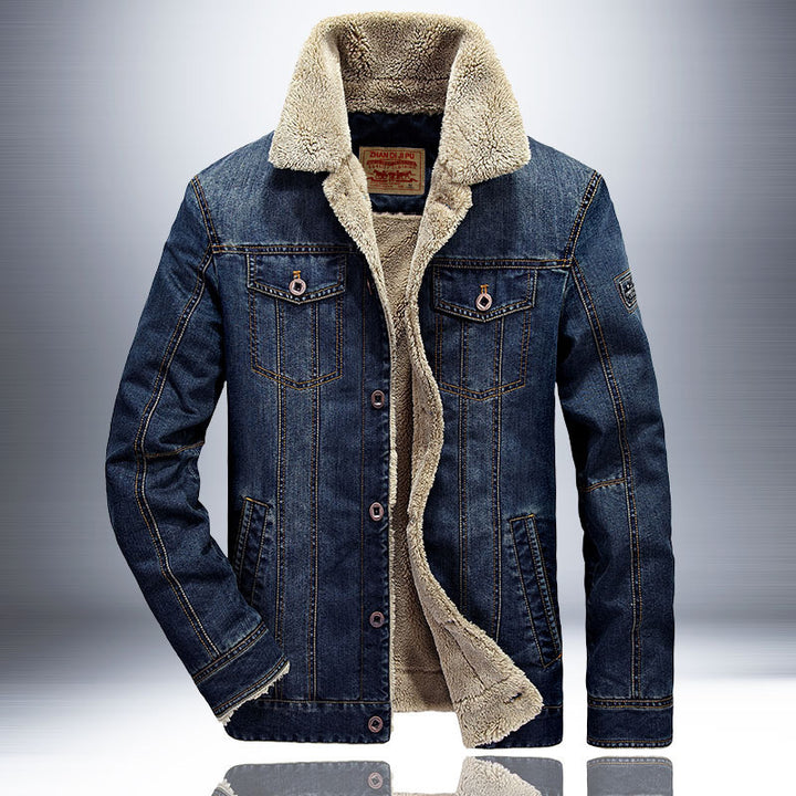 Herren Thermo-Denimjacke im Truckerstil mit vollem Teddyfleece-Innenfutter und hohem Umlegekragen Drune