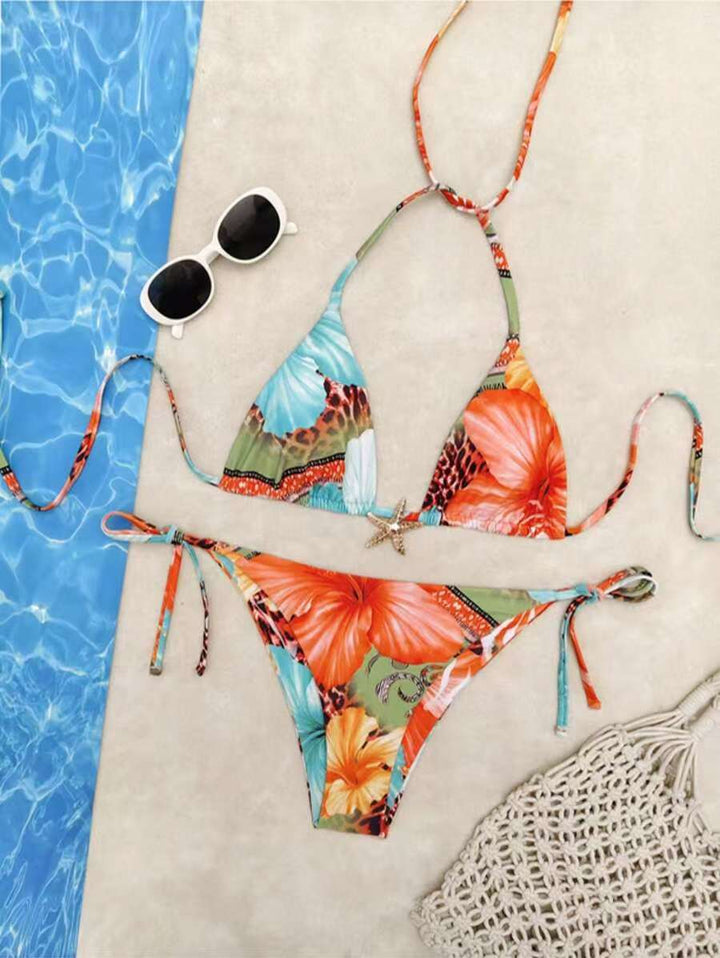 Damen Triangel-Bikini mit floralem Design und verstellbaren Bändern Drune