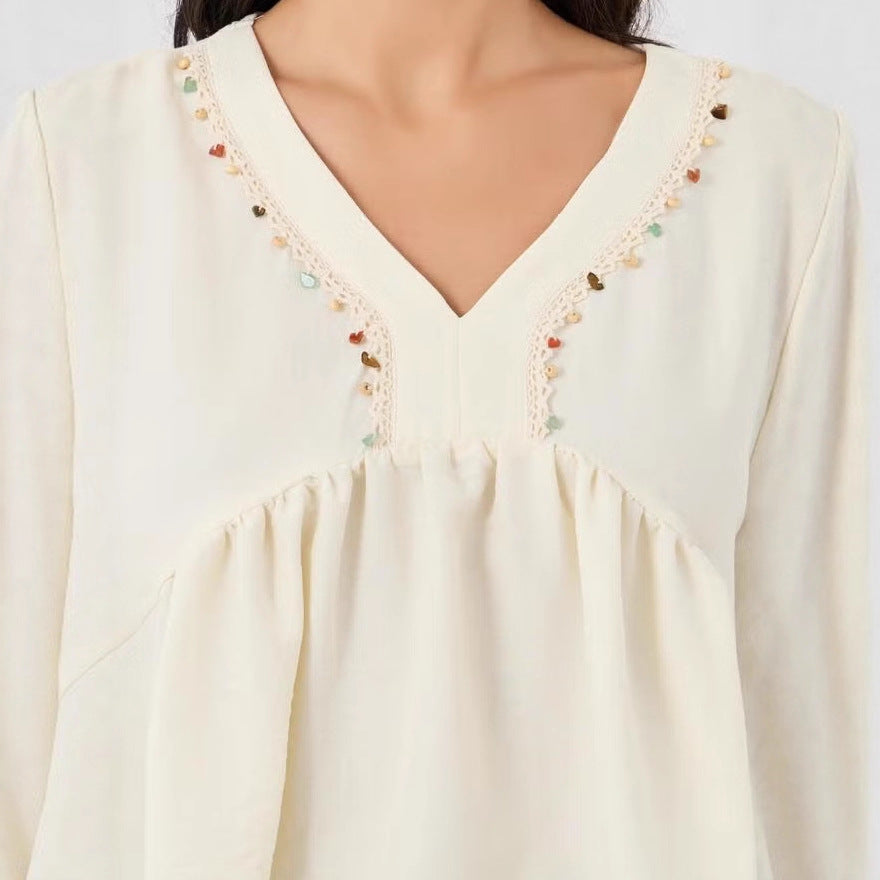 Damen Lockeres V‑Ausschnitt Blusentop mit Stickdetail und Empire‑Raffung Drune