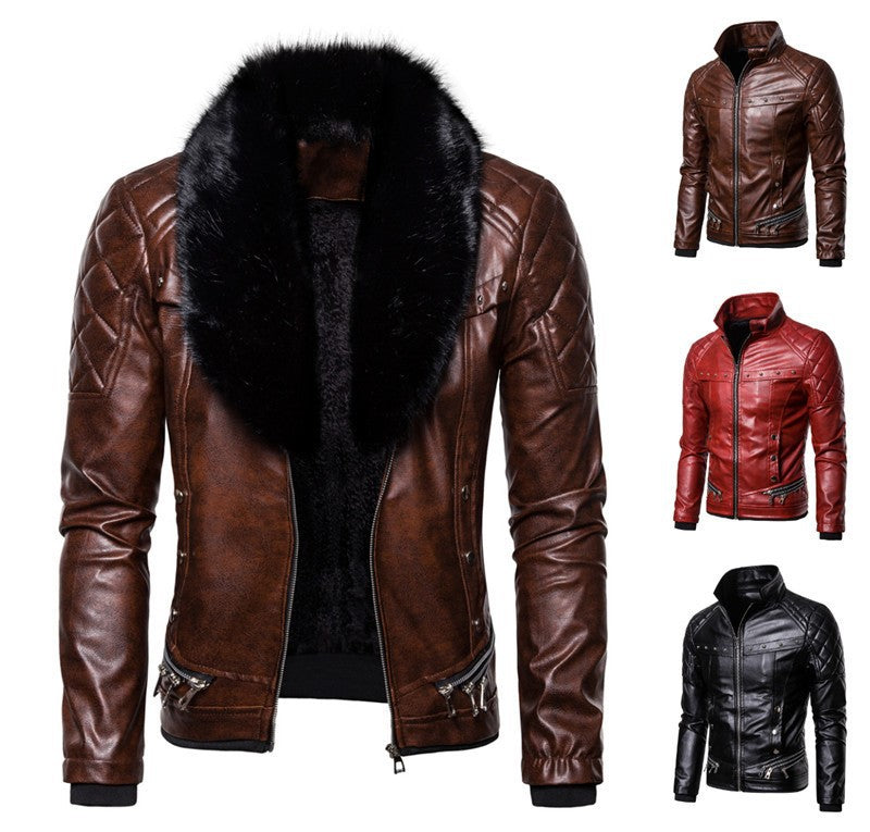 Herren stylische Kunstlederjacke mit Plüschkragen Drune