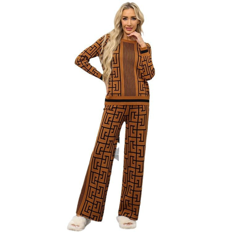 Damen modisches und komfortables Strick-Loungewear-Set mit grafischem Muster Drune