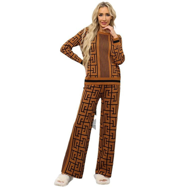 Damen modisches und komfortables Strick-Loungewear-Set mit grafischem Muster Drune
