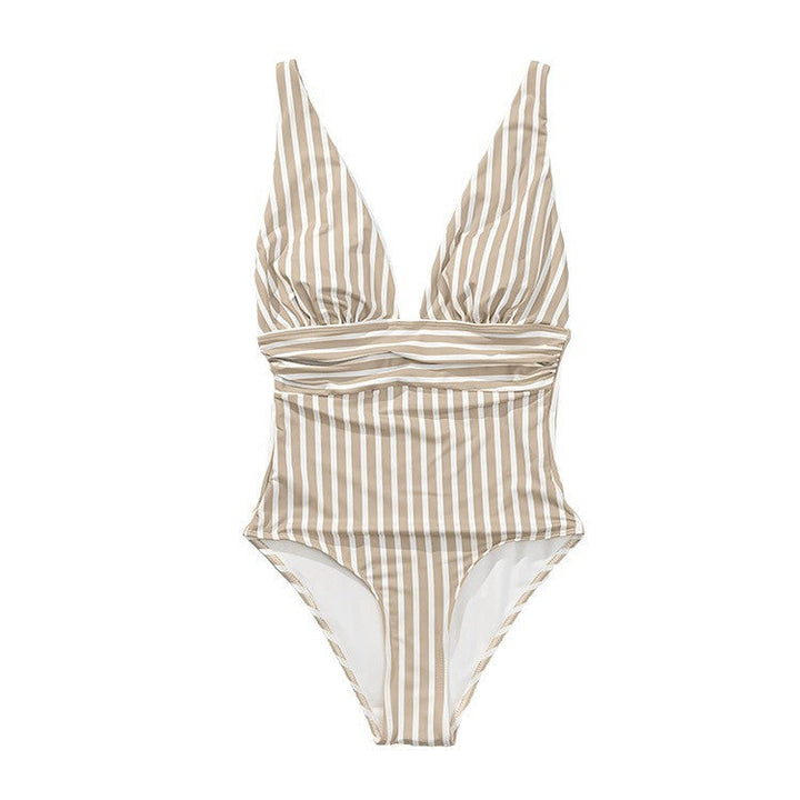 Damen Einteiler Badeanzug mit elegantem V-Ausschnitt und modischem Streifenmuster Drune