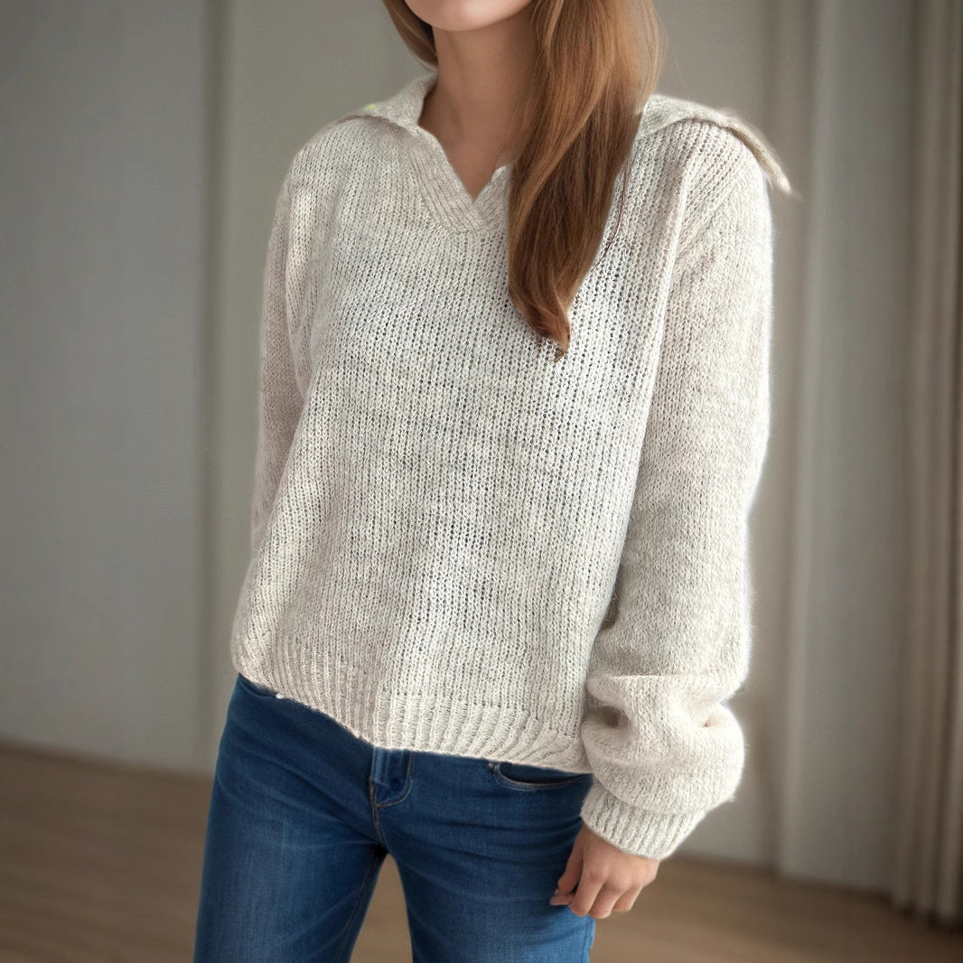 Damen lässiger Strickpullover mit V-Ausschnitt und voluminösen Ärmeln Drune