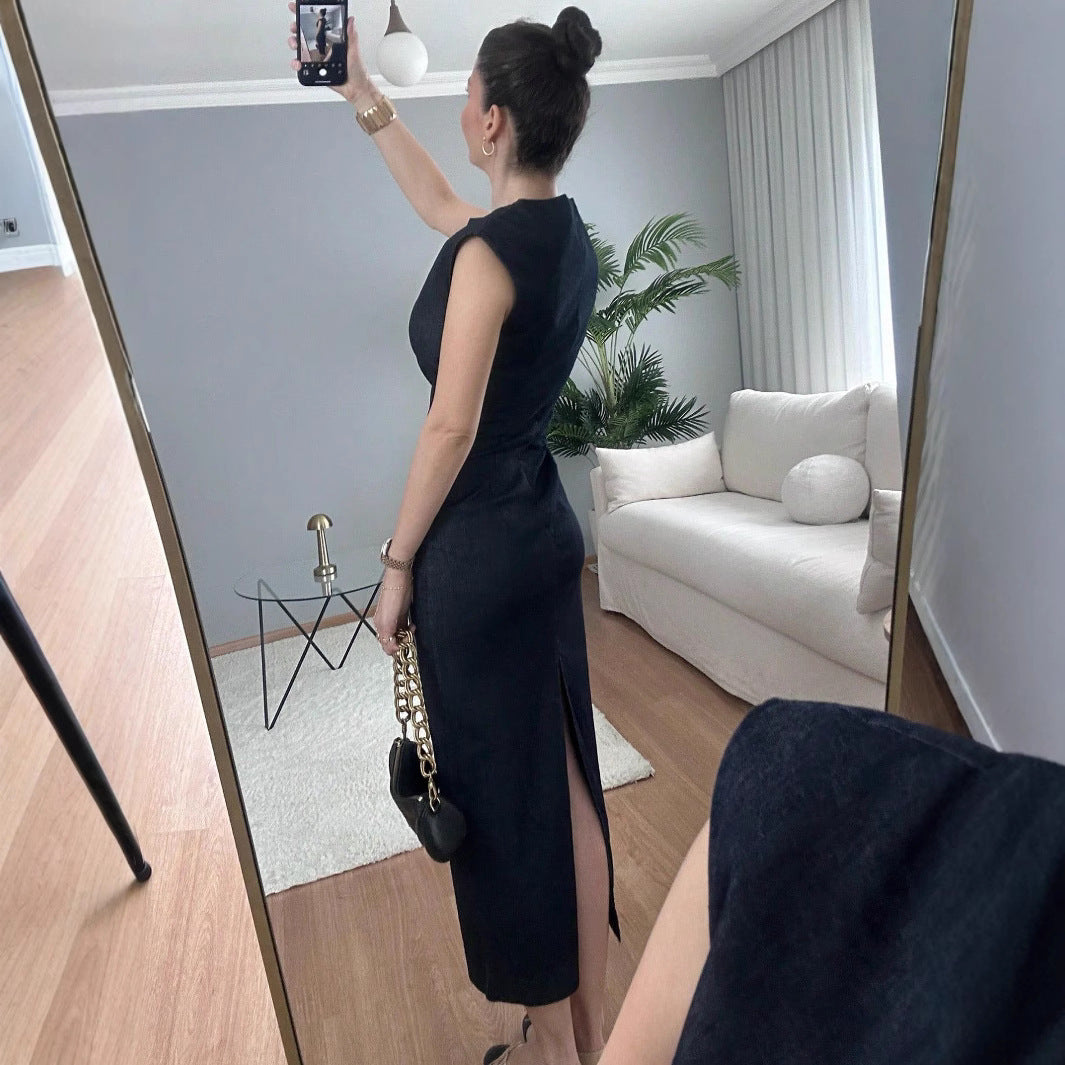 Damen elegantes Midikleid aus Denim mit Knopfdetail Drune