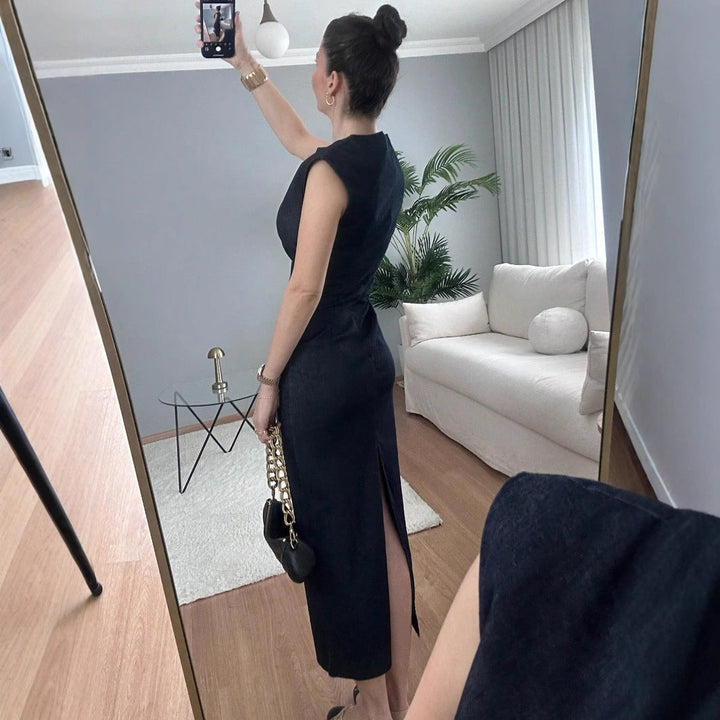 Damen elegantes Midikleid aus Denim mit Knopfdetail Drune