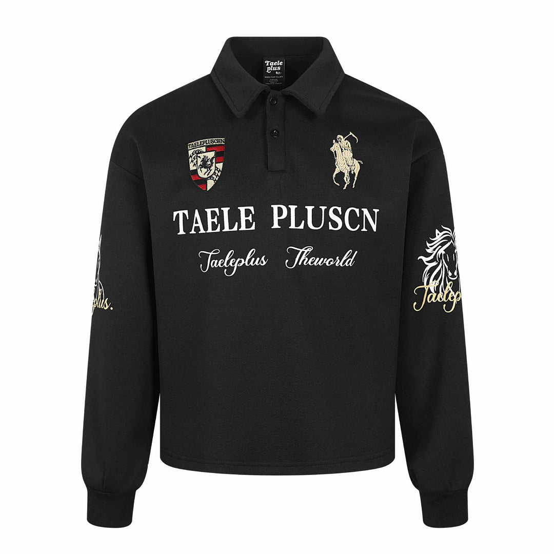 Unisex Langärmeliges Rugby-Poloshirt mit Stickereien und Kentkragen Drune