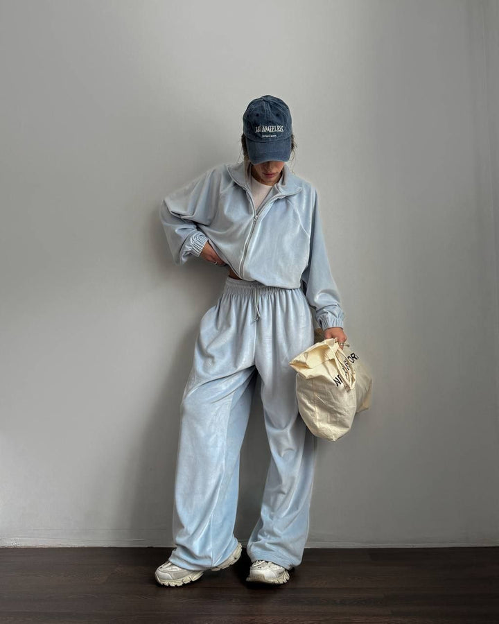 Damen lässiges Lounge-Zweiteiler Set mit Oversize Zipjacke und weitem Bundhose Drune